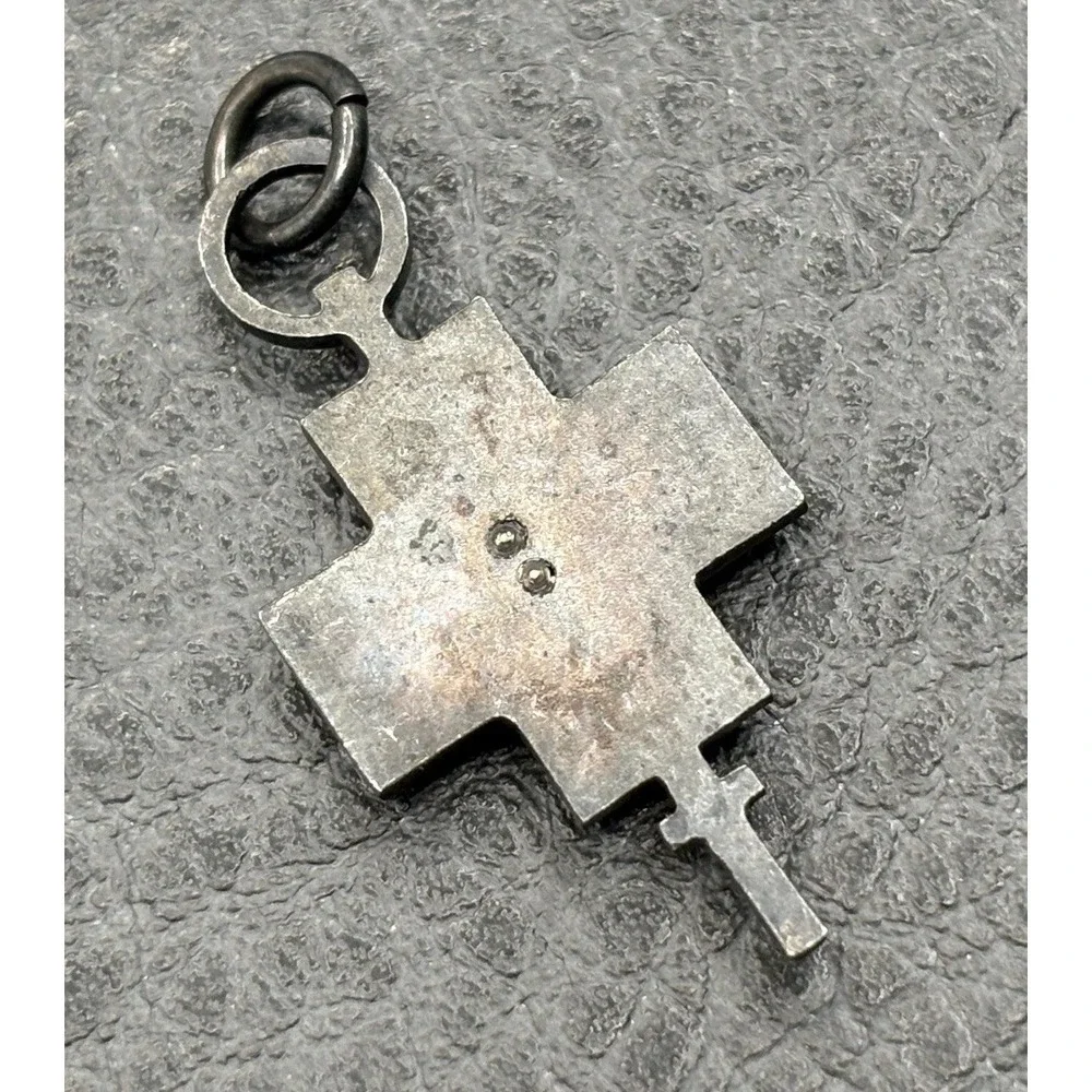 Vintage Sterling Silver Stone Inlay Cross Fob Charm with Applied Rose Gold Tone
